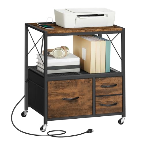 File Cabinet with Charging Station, 3 Drawer Lateral Filing Cabinet for Home Office, Mobile Printer Stand with Open Shelf, Fits A4/Letter Size File, Nonwovens Drawer, Rustic Brown FCHR98E01