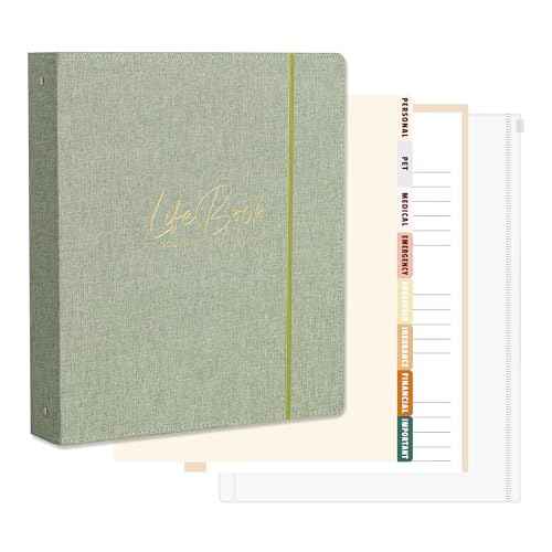 Life Book Document Organizer Folio, End of Life Planner 3 Ring Binder for 8.5x11" Important Papers, Aesthetic Linen In Case If I Die File Folder (Sage)