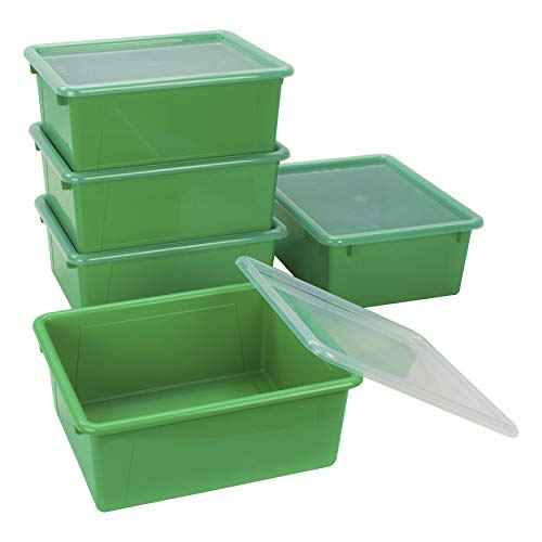 Storex Letter Size Deep Storage Tray ? Organizer Bin with Non-Snap Lid for Classroom, Office and Home, Green, 5-Pack (62547A05C), 10 x 13 x 5 Inches