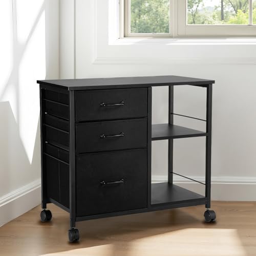 VEVOR Metal File Cabinet, Mobile Filing Cabinet with 3 Fabric Drawers and 2 Open Shelves, Wooden Vertical Filing Storage Cabinets with Wheels for Letter, A4, Legal Size File, Easy Assembly, Black
