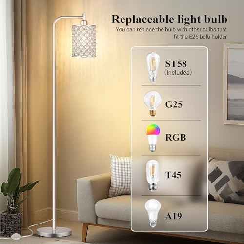 QiMH Industrial Floor Lamp for Living Room, Modern Standing Lamp with Crystal Lampshade Pedal Switch, 67¡± Tall Lamp for Bedroom Study Room, Silver (2700K LED Bulb Included)