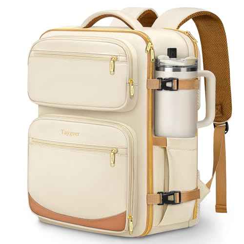 Taygeer Personal Item Travel Bag Backpack, Underseat Spirit Airlines Personal Item Bag 18x14x8 with Makeup Compartment, 18x14x8 Inches Carry on Backpack for Women Fits Spirit Frontier Allegiant, Beige