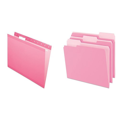 Pendaflex Reinforced Hanging Folders Letter Size Pink 1/5 Cut 25/Box and Two-Tone Color File Folders Letter Size 1/3 Cut Pink 100/Box Office Supply Bundle