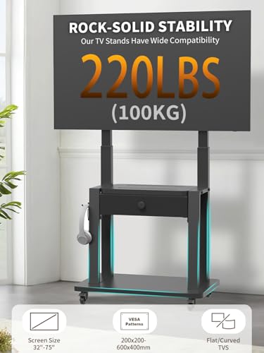 Maiproo Black Rolling TV Stand with Drawer, Mobile TV Cart 32-75" up to 330 lb, with 600x400 VESA, Adjustable Height