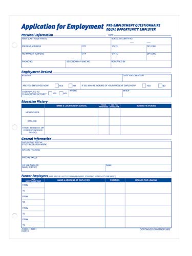 Adams 8.5x11 Applications for Employment Form – 50 Forms/Pack, 2 Pads, 3-Hole Punched (White, 9661)