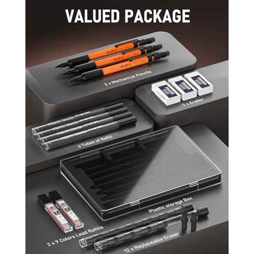Nicpro 3 PCS 1.3 mm Orange Mechanical Pencils Set with 66 Lead Refill, 3 Eraser - Weatherproof Metal Barrel, Heavy Duty Carpenter Pencil MP2000 for Outdoor Marking Drafting Drawing Woodworking