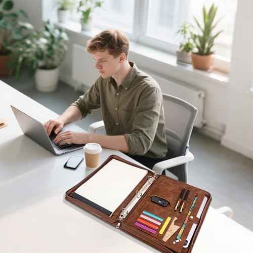 Calfinder 3 Ring Portfolio Binder with Zipper,Business Padfolio for Men&Women,Leather Portfolio Organizer with Card/Documents Holder, Leather Binder for Interview/Office and Travel, Gift for Men