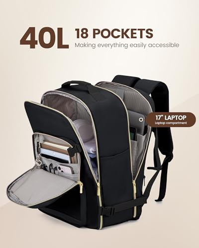 LOVEVOOK 40L Travel Backpack with 3 Packing Cubes - Black, TSA Approved Carry-On Fits 17" Laptop