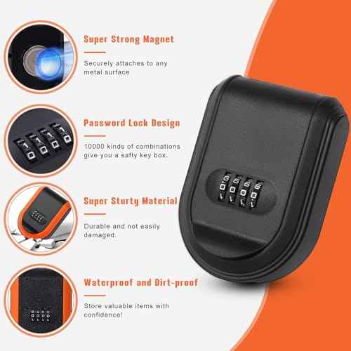 Magnetic Key Holder Under Car with Combination Lock, Hide a Key Box Waterproof Outdoor, Car Key Holder Magnetic Key Box with Strong Magnet (Black)