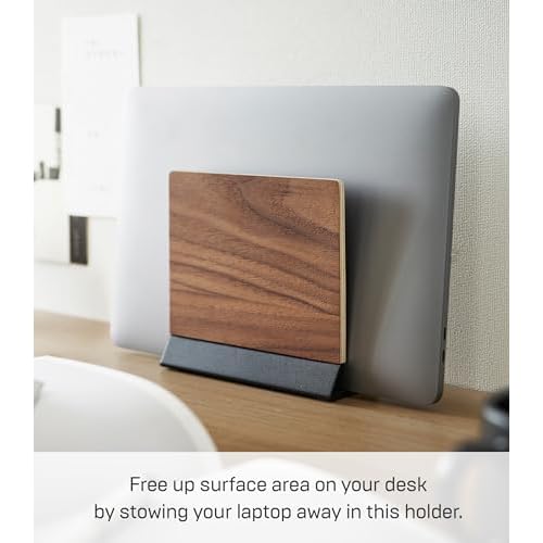 Yamazaki Home Rin Portable Laptop Holder Stand for Desk in Bedroom Or Office, Wooden Storage Station - Steel + Wood