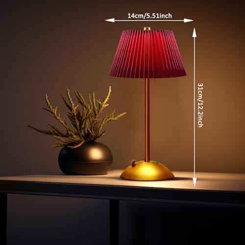 Cordless Metal Desk Lamp,Touch Sensor Control LED Table Lamp,3 Way Dimmable Nightstand Lamp with Fabric Shade Desk Lamp for Living Room (Red)
