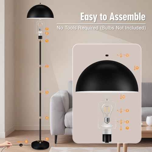 Modern Mushroom Floor Lamps for Living Room 66Inch, Tall Industrial Floor Lamp, Black Metal Standing Lamp with Dome Shade, Mid Century Loft Corner Reading Lamp for Bedroom Office Nursery Room, NO BULB