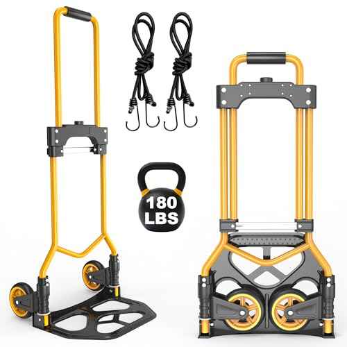 Folding Hand Truck Dolly Cart, 180LBS Portable Aluminum Hand Truck Foldable with Telescoping Handle and Elastic Cord for Luggage, Boxes, Functionality Foldable Dolly for Home, Moving, Black Yellow