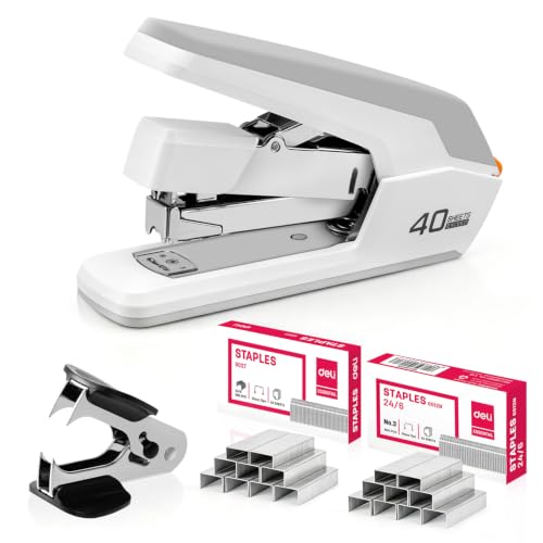 Deli White Heavy Duty Desktop Stapler - 40-50 Sheet Capacity, Jam-Free, Effortless One-Finger Stapling