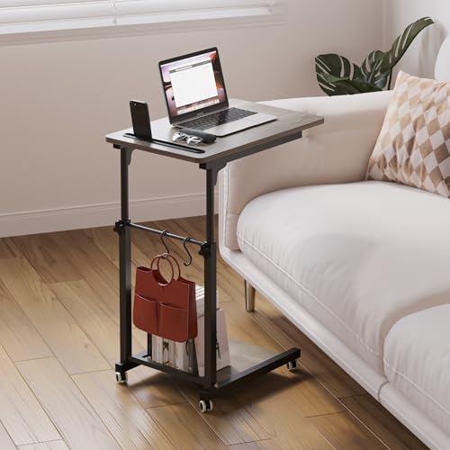Overbed Table, Sofa Side Bedside C Table with Wheels, Hospital Bed Table Rolling Tray with Storage, Adjustable Height Mobile Computer Desk Laptop Table for Home Use with Hooks