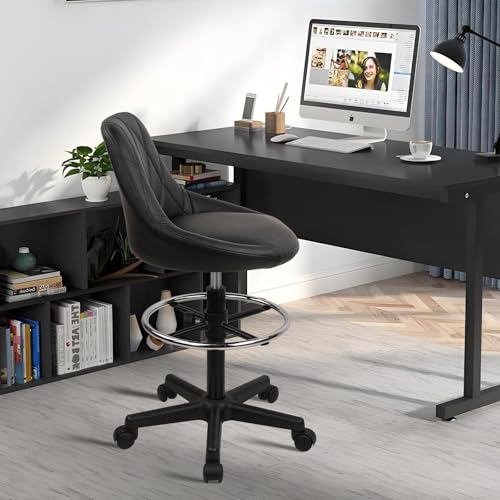KLASIKA Drafting Chair with Backrest & Wheels, Adjustable Footrest, PU Leather, Black Footrest, 1PK