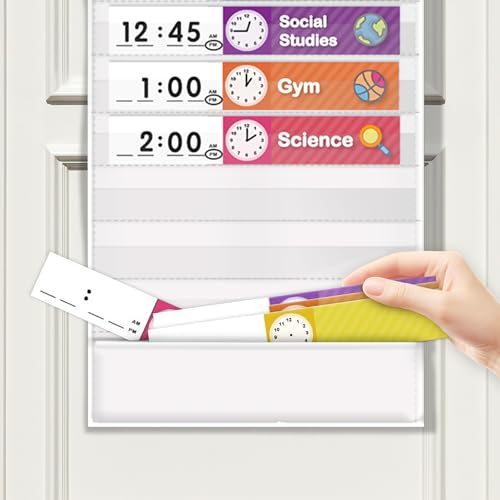 Eamay White Daily Schedule Pocket Chart with 13+1 Pockets & 18 Dry Erase Cards