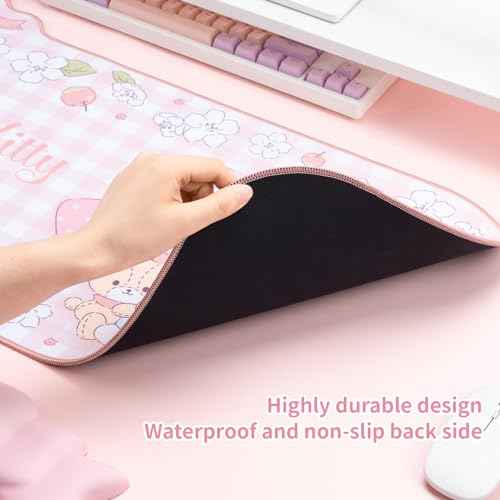 Kawaii Anime Mouse Pad Wrist Rest Support Set - Non-Slip Desk Mat and Memory Foam Bowknot Wrist Rest for Keyboard and Mouse,Perfect for Gaming or Home Office Work - FlowerCat
