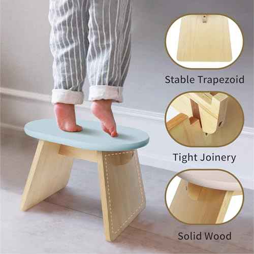 Step Stool, Solid Wood Chair, Pine Wood Construction, Rounded Edges, Minimalist Design (Light Blue)