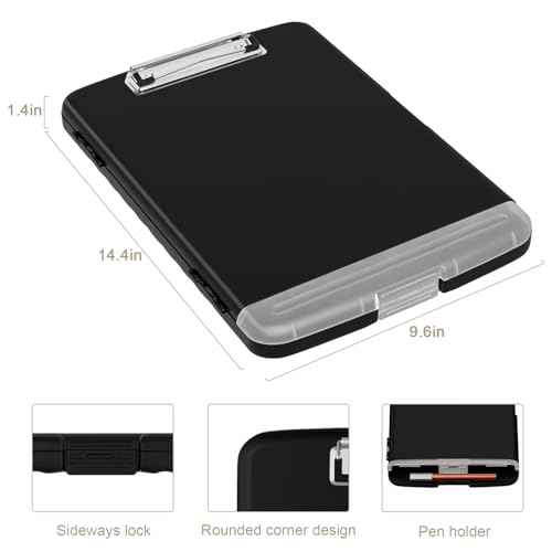 Piasoenc Clipboard with Storage, 8.5 x 11 Organization Box with Pen Holder and A4 Legal Paper Folder, Folio & Side-Opening, Low Profile Clip,for Nurses,Teachers, Size 14 x 9.6 x 1.2 in, Black