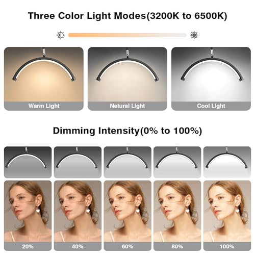 Lash Light for Eyelash Tech with Wheels, Half Moon Light for Lash Extensions, Nail Tech, Tattoo Artist and Make up, LED Floor Lamp Adjustable Brightness and Color Modes (Black)