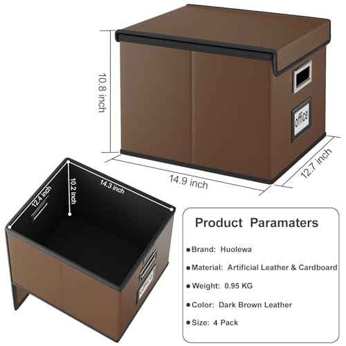 Huolewa File Organizer Box with Lid, Collapsible Leather File Folder Organizer for Office Document Storage, Filing Box with Plastic Slide for Letter/Legal Size Hanging Files, Dark Brown, 4 pack