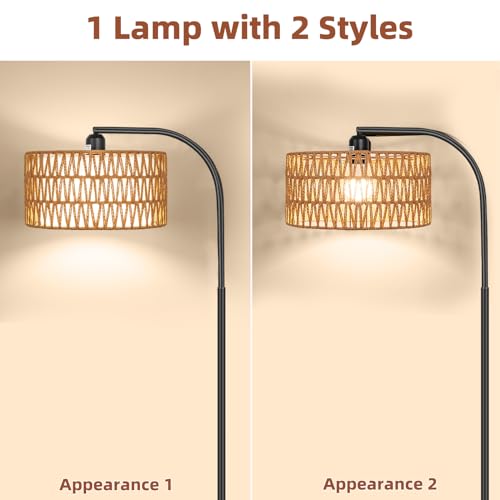 Rattan Floor Lamps for Living Room, Boho Standing Lamps with Rattan& Linen Double Shades, Arc Lamps Floor Standing with 9W Bulb, Foot Switch, Bohemian Floor Lamps for Bedroom, Office