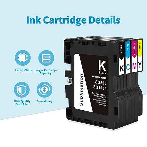 SG500 SG1000 New Sublimation Ink Cartridge Compatible with Sawgrass Virtuoso SG500 SG1000 Printers(1 Black, 1 Cyan, 1 Magenta, 1 Yellow, 4-Pack)
