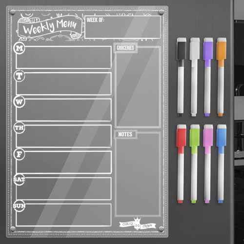 CHALKY CROWN Acrylic Magnetic Weekly Planner for Fridge - Menu Board for Kitchen with 8 Magnetic Markers - Weekly Meal Planner for Fridge with Grocery List & Notepad - Menu Planner (14.5x10.2)