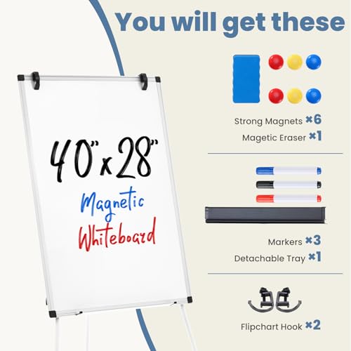 DUMOS White Magnetic Dry Erase Board with Silver Frame, 40x28 Inches, Adjustable Easel Stand