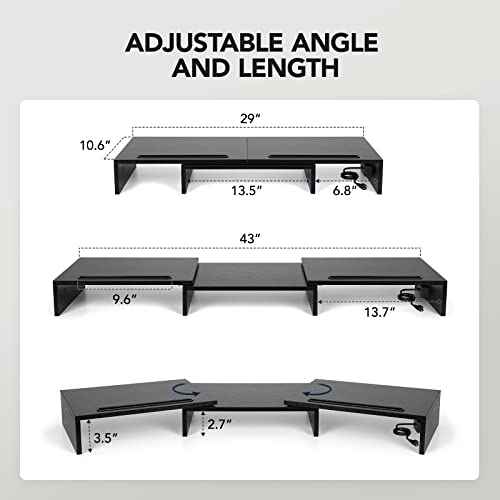 HUANUO Dual Monitor Stand -Monitor Stand with USB ports ,Adjustable Length and Angle, Dual monitor riser w/ Desktop Socket, Monitor Stand Riser for PC, Computer, Laptop (Black)