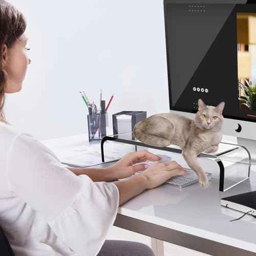 Acrylic Cat-Proof Laptop Stand & Keyboard Protector - 16" Clear Monitor Riser with Non-Slip Base for Home Office, Ergonomic Desk Organizer (Supports 60lbs)