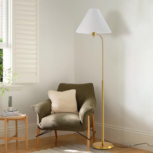 Retro Floor Lamp ? 63¡± Mid Century Modern Floor Lamp with White Pleated Empire Shade, Minimalist Curved Brass Pole Arc Mid-Century Standing Lamp for Cozy Living Room, Bedroom, Reading Corner (Gold)