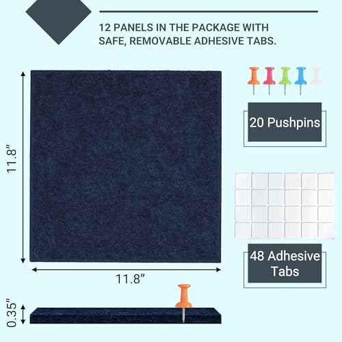 AKTOP Cork Board Bulletin Board 47"x35", 12 Pack Removable Felt Cork Board Tiles for Wall, Large Corkboard Notice Pin Board for Office, School & Home, 48 Safe Adhesive Tabs, 20 Push Pins, Dark Blue