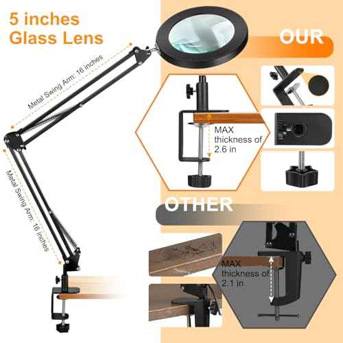 Large 10X Magnifying Glass with Light, 5 in Real Glass Stand Lighted Magnifier, 3 Color Modes Steepless Dimmable LED Magnifying Desk Lamp with Clamp, Hands Free for Close Work Crafts Hobby