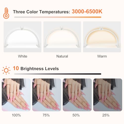 Half Moon Light for Nail Desk with Phone Holder, 28IN Folding Half-Moon Light with Shinning Diamond, LED Lamp for Nail Art, Eyelash Extension, Tattooing, Skin Management, 10 Brightness Levels, Gold