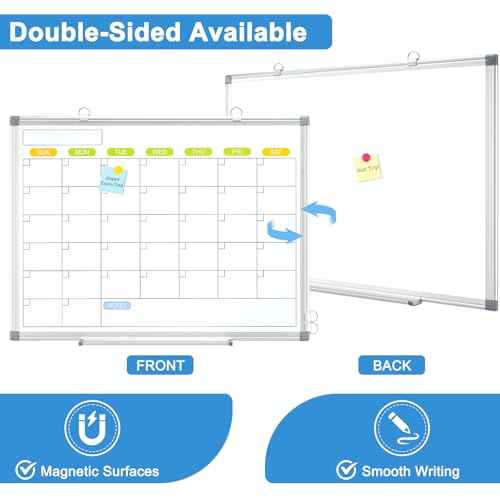 Dry Erase Calendar Whiteboard for Wall, WALGLASS 24" x 18" Magnetic White Board, Monthly Dry Erase Calendar with Silver Aluminum Frame, Double-Sided Hanging Portable Board for Office, Home, School