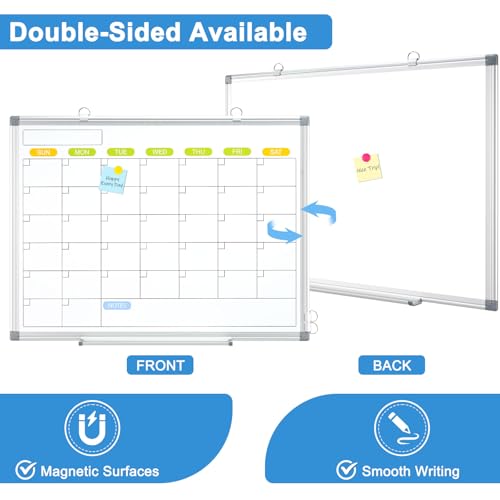 Dry Erase Calendar Whiteboard for Wall, WALGLASS 36" x 24" Magnetic White Board, Monthly Dry Erase Calendar with Silver Aluminum Frame, Double-Sided Hanging Portable Board for Office, Home, School