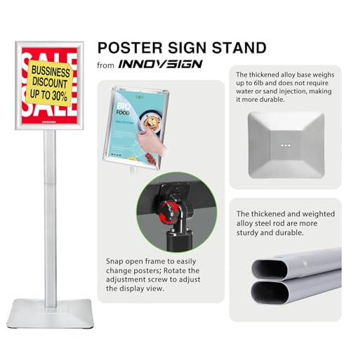 Heavy Duty Adjustable Pedestal Poster Sign Stand, 8.5x11 Aluminum Open Floor Standing Sign Holder for Vertical and Horizontal View Display (8.5x11,Silver)