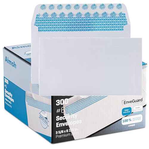 Aimoh 300#6 3/4 Security Tinted Self-Seal Envelopes - No Window, EnveGuard, Size 3-5/8 X 6-1/2 Inches - White - 24 LB - 300 Count (34300)