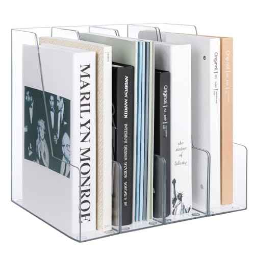 Vertical Magazine File Holder, Clear File Organizer Desk Organizer and Storage Bins Holding for Magazines, Binders, Notebooks, Envelopes, Plastic Office Organization and Storage for Desk, 4 pack