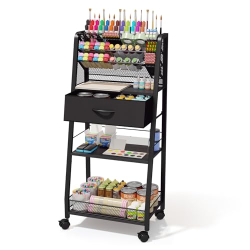 3 Tier Rolling Cart - Metal Utility Cart with Storage Drawer and Wheels, Versatile Art & Craft Organizer for Home, Office, or Studio - Ideal for Storing Brushes, Paints, and Supplies£¨Black£©