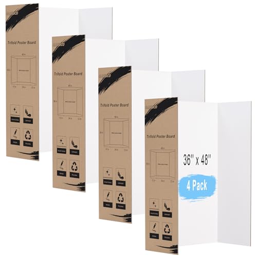 HAUTOCO 36'' x 48'' Trifold Poster Board 4 Pack Large Tri Fold Project Boards White Corrugated Presentation Cardboard for Science Fairs, School Projects, Event Displays, Business