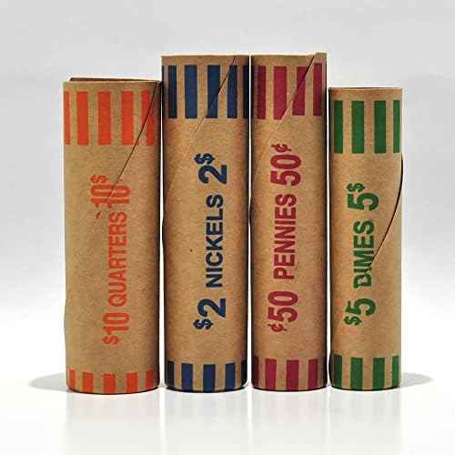 L LIKED Preformed Coin Wrappers Rolls (128 Assorted) - Quarters, Pennies, Nickels and Dimes