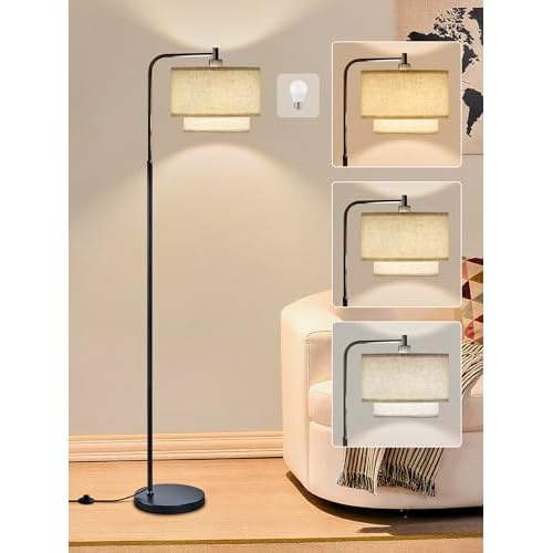 64" Modern Floor Lamp for Living Room Bedroom, Arc Floor Lamp with 3 Color Temperatures, Standing Lamp with Double Oatmeal Linen Lampshade, Tall Lamp with A19 12W LED Bulb, Foot Switch Control, Black