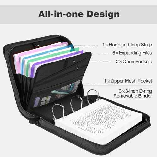 MoKo Zipper Binder with Multi-Pocket, 3 Inch 3 Ring Zipper Binder, 600 Sheet Capacity 6 Tab Expanding File Folder Multi-Pocket Zip Up Binders with Shoulder Strap & Handle for Middle School, Black