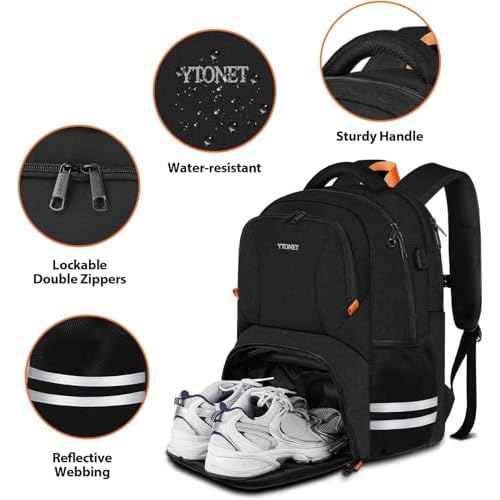 Ytonet Gym Backpack For Men Women, Travel Sports Track Bag With Shoe Compartment USB Charging Port, Large Workout Laptop Backpack Water Resistant College Bag Fit 15.6 Inch, Camping, Black