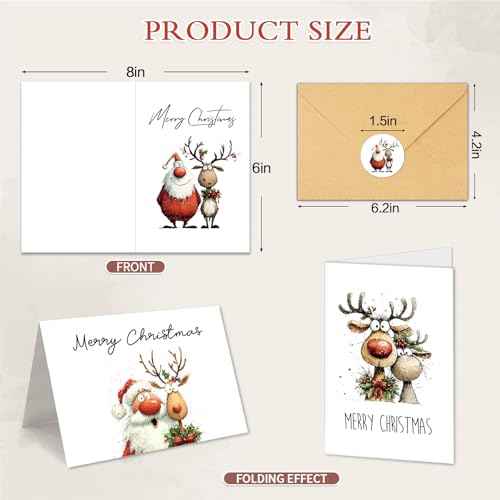 24 Fun Christmas Cards with Envelopes & Stickers, 6 Cute Designs Happy Holiday Cards Boxed Xmas Greeting Card, 4'' x 6'', Christmas Thoughtful Gift for Friends and Family - Blank Inside