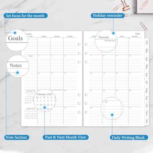 2026 Monthly Planner Refill, A5 Medium Planner Inserts for 6 Holes, 5.5"x8.5", Jan. 2026 - Dec. 2026, 12 Monthly Calendars with Laminated Tabs, 6-Hole Punched