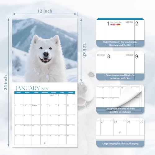2026 Wall Calendar, Large Monthly Wall Calendar Dogs, Jan 2026 - Dec 2026, 12" x 24" (Opened), Hanging Planning Calendars for Family Home Office Supplies